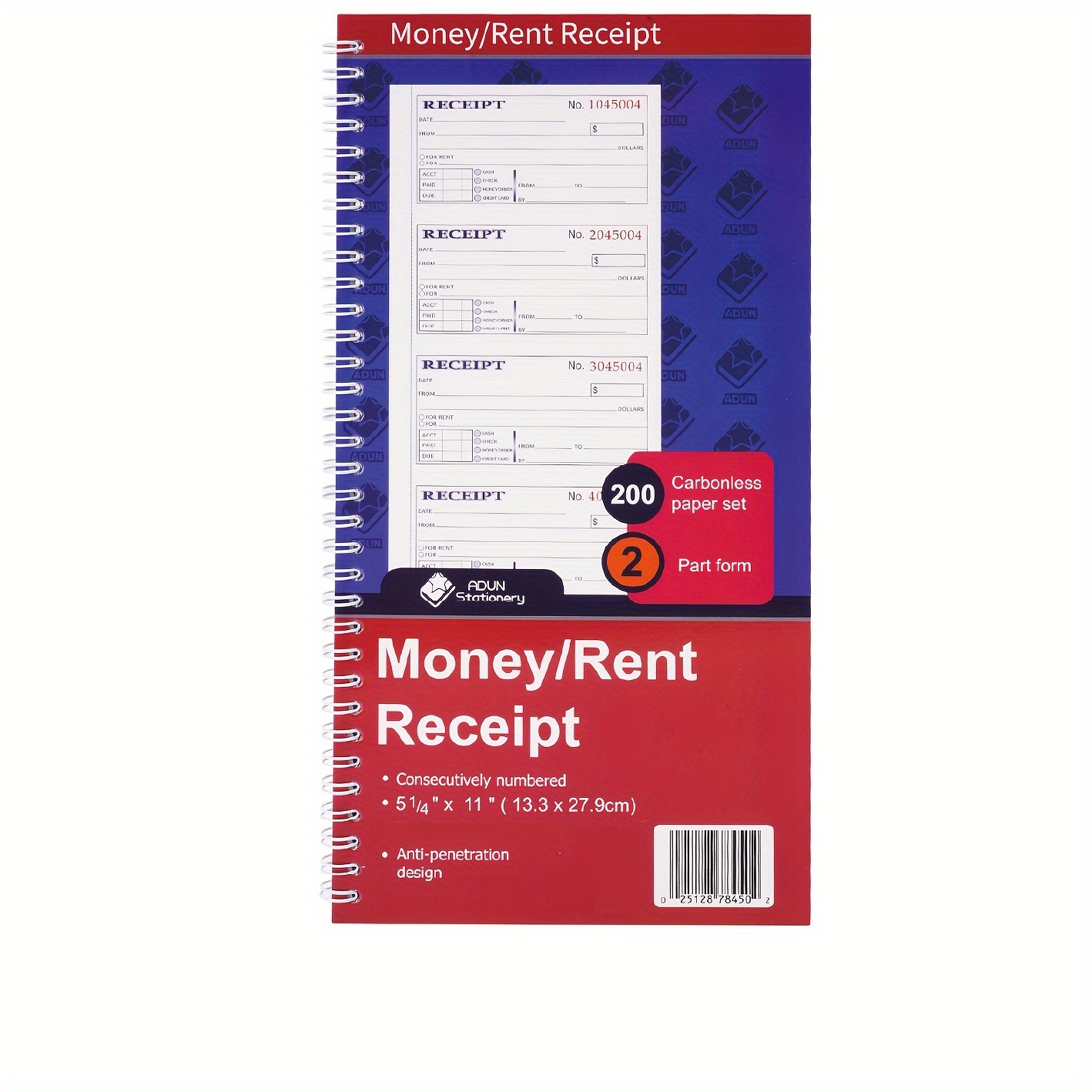 

200 Sets Money And Rent Receipt Book, 2-part Carbonless, 5-1/4" X 11", Spiral Bound, 200 Sets Per Book, Sequentially 4 Per Page