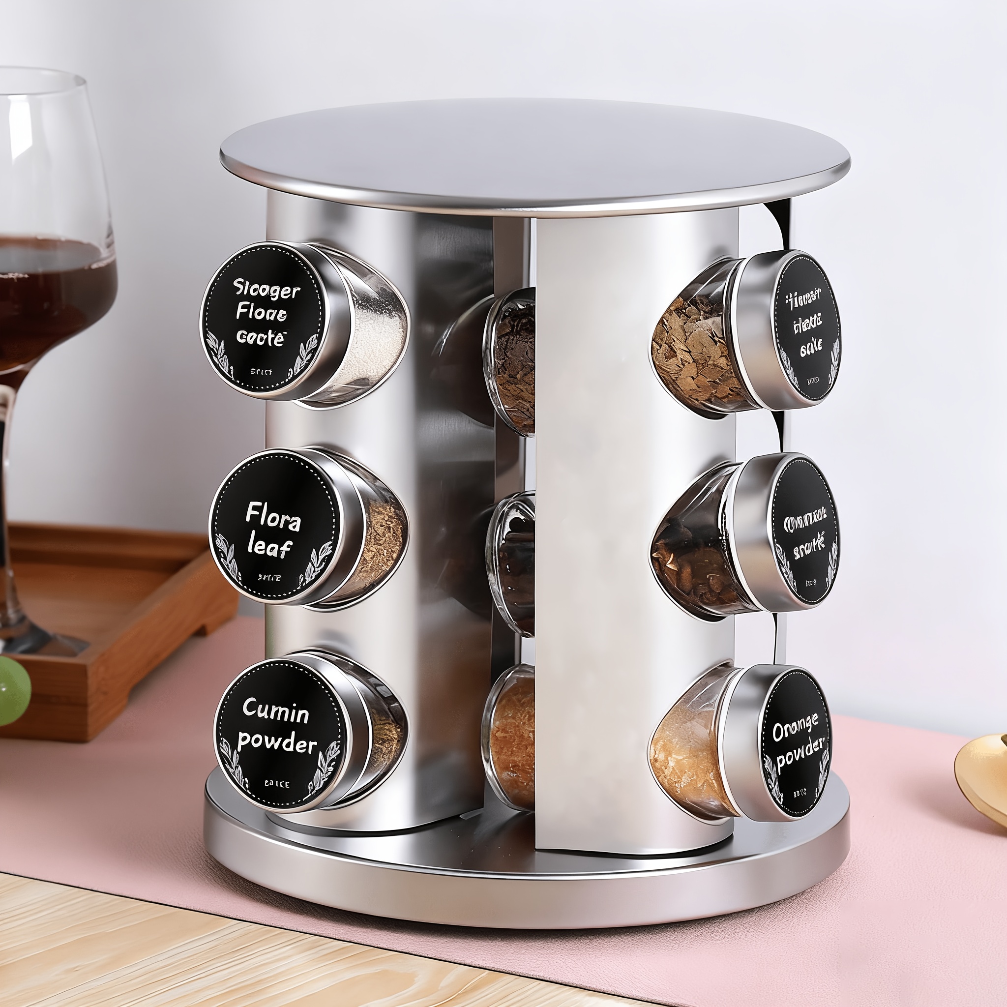 TEMU Spice Rack, Countertop Multi-functional Rotating Spice Rack, With 12 Glass Spice Jars And Lids, Large Capacity Multi-row Durable Spice Jar