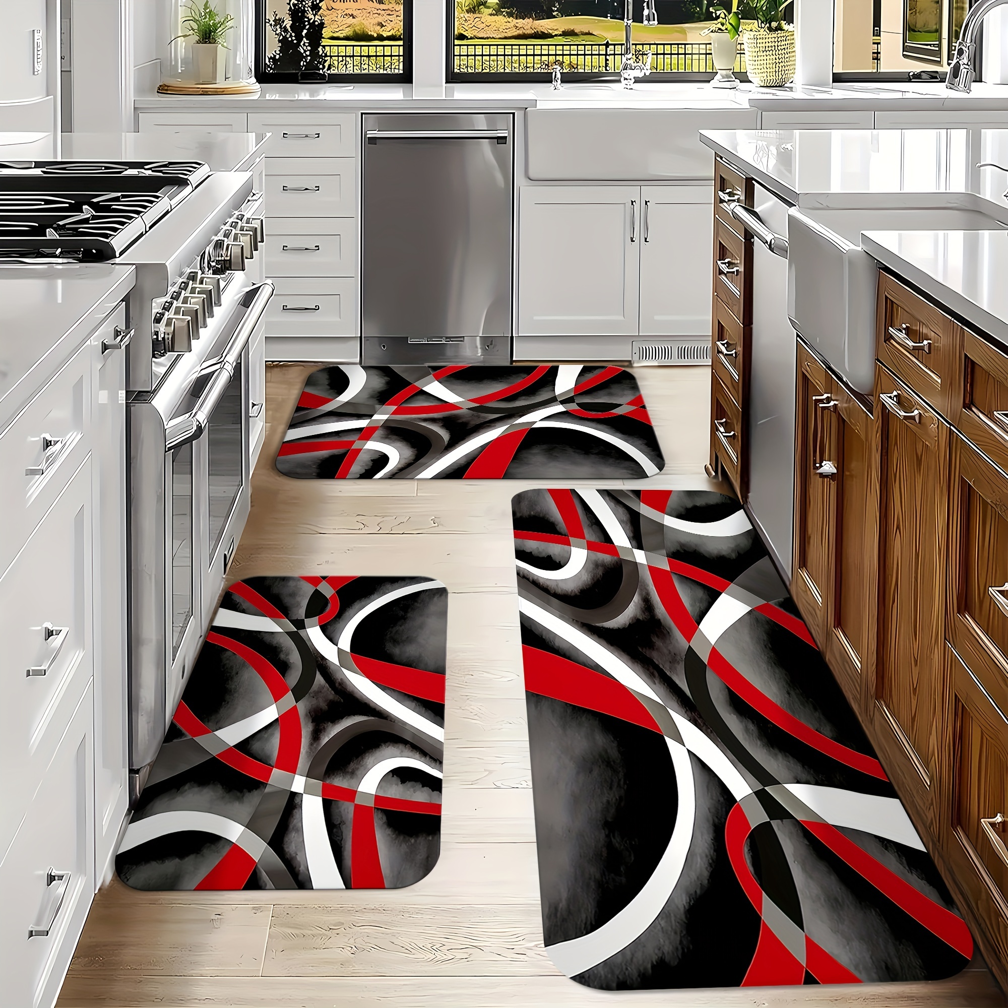 

Geometric Kitchen Rug Set: Modern Design, Anti-slip, Waterproof, And Machine Washable - Perfect For Kitchen, Corridor, Bathroom, And Laundry Room