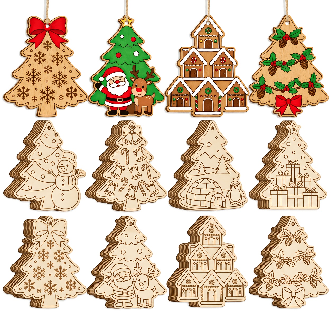TEMU 16pcs Set Of Christmas Wooden Hanging Ornaments, Blank Wood Slices For Handmade (includes 16pcs And 16pcs Wood Pieces), Christmas Tree Snowman