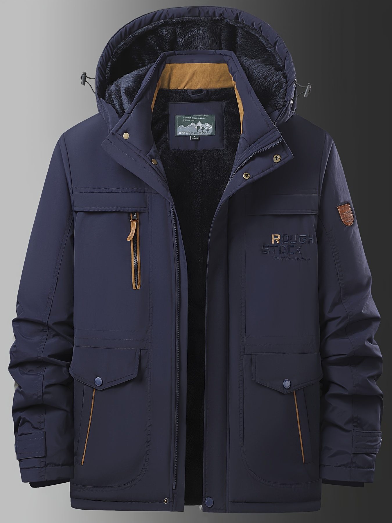 mens winter padded fleece lined thickened hooded jacket outdoor travel hiking multi pocket nylon fabric