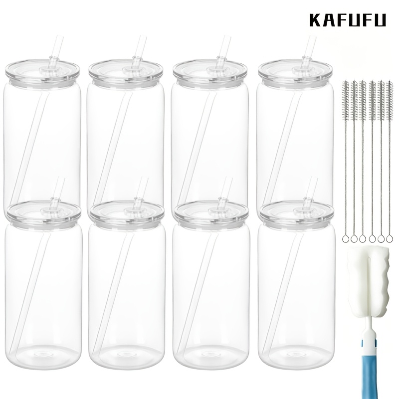 Image of Of 8 Plastic Cups, Each 16oz, Complete With Lids And Straws. Reusable, -resistant Tumblers Are Ideal For Cold Beverages Like Iced Coffee And Smoothies. The Package With A Cup Brush And 5 Straw Brushes