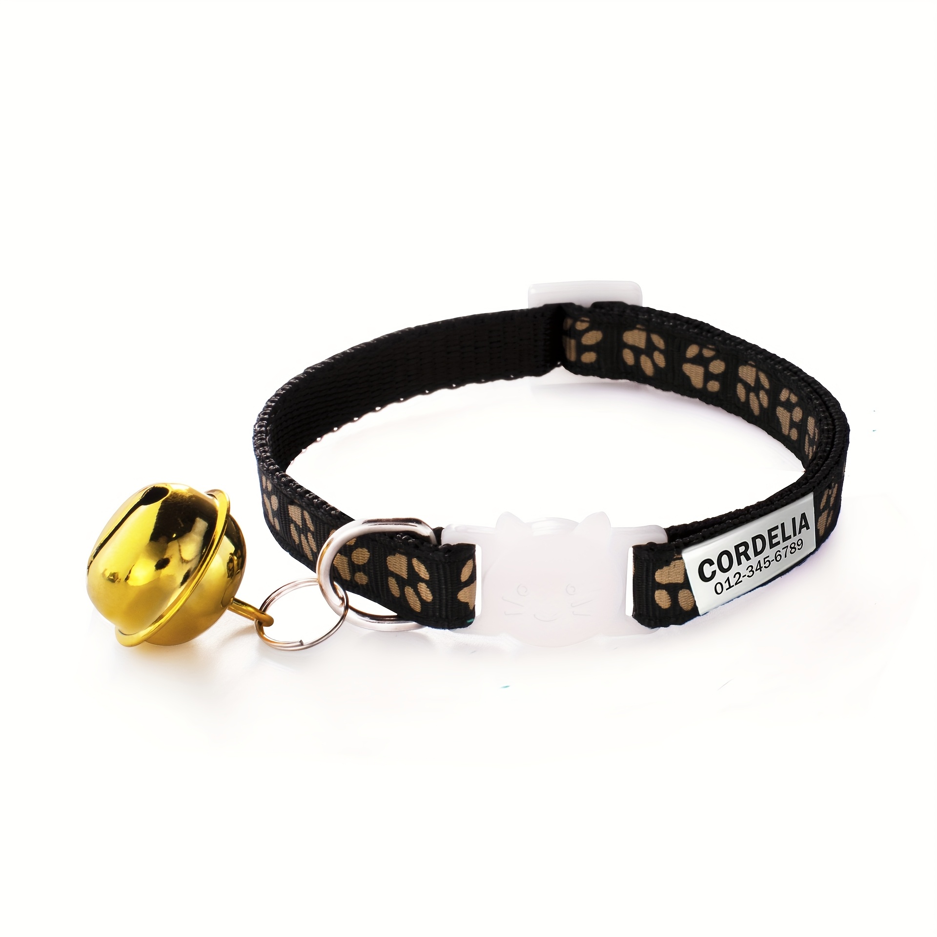 Customizable Golden Paw Print Patterned Adjustable Cat Collar with Bell