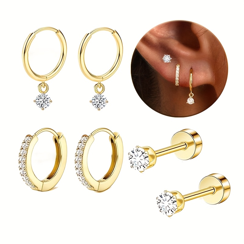 TEMU Surgical Steel Piercing Jewelry For Women, 18k Golden Plated Hoop Earrings Set For Women 3 Pairs With 5a Grade Cubic Zirconia Earrings Dainty