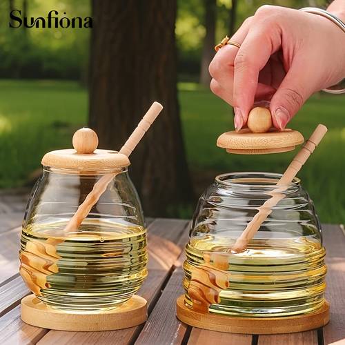 item picture sunfiona 1pc honey jar with wooden lid and with a rustic wooden base a pantry must have with your