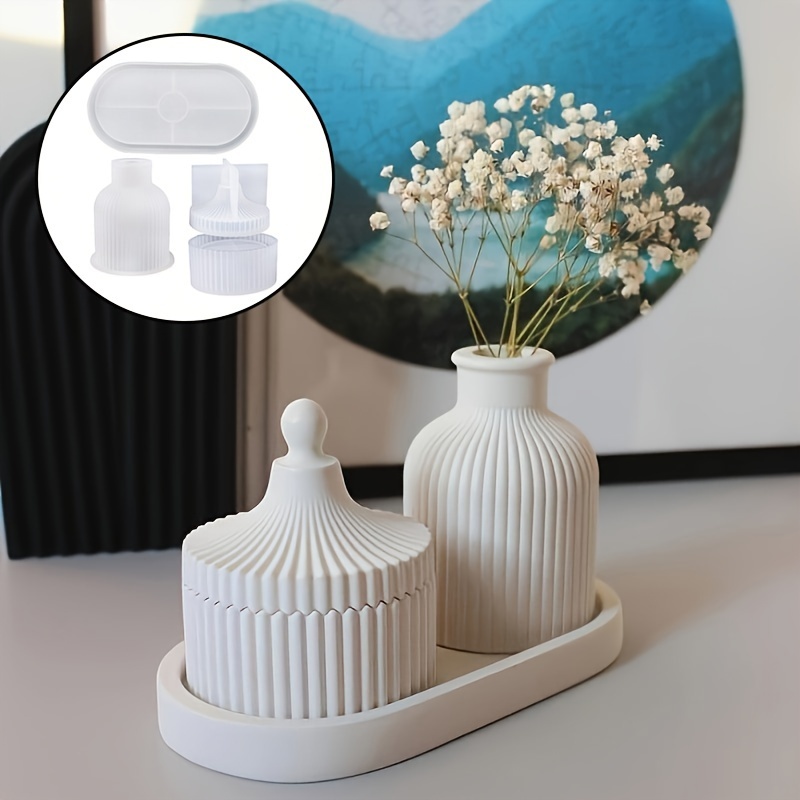 

3pcs Round Striped Organizer With Lid Striped Vase And Oval Tray Silicone Mold Diy Plaster Concrete Jewelry Organizer Candle Holder Epoxy Resin Molds