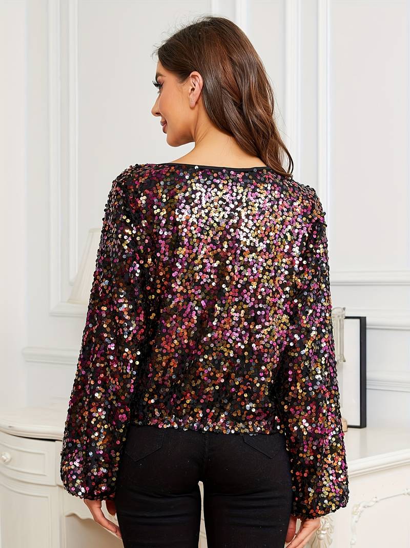 Sparkly Blouses For Women Sequin Tops For Women V Neck 3/4 Sleeve