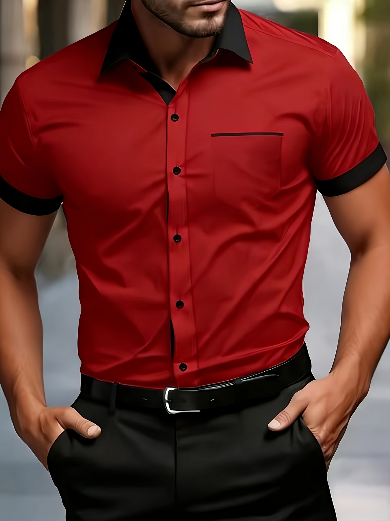 mens color block collar short sleeved shirt   fit trendy versatile business casual white         top