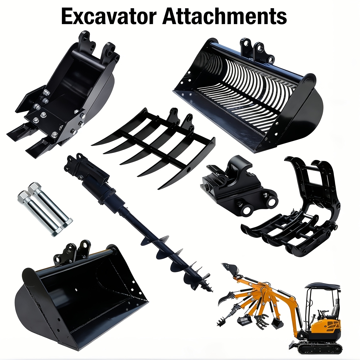 set of 8 mini excavator attachments including   narrow bucket   rake auger   and screening bucket for small     in   Product details 0