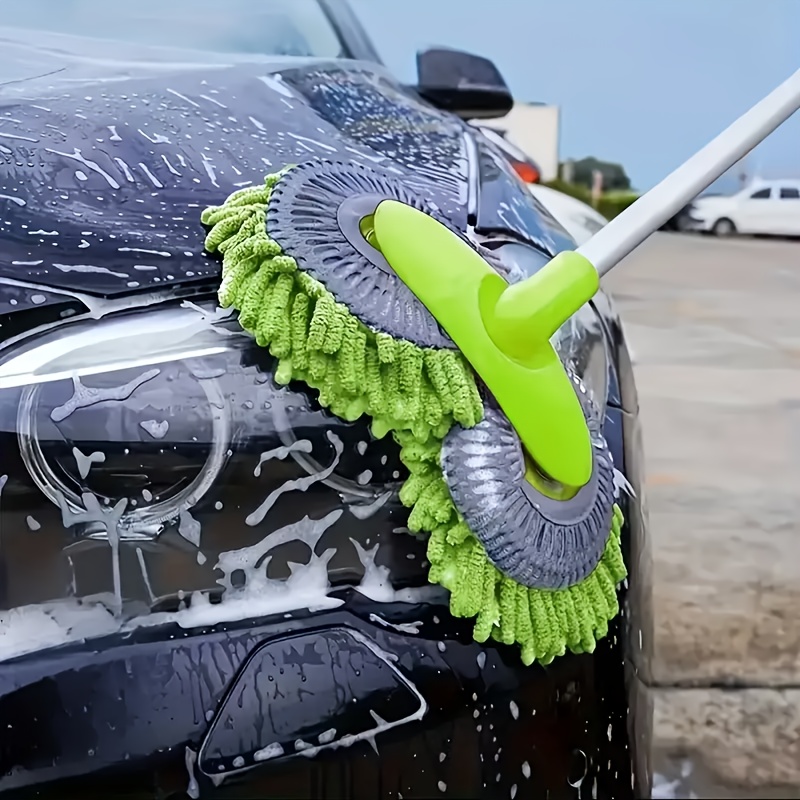 Image of Car Wash Mop With Retractable Long Handle Double Head Car Wash Mop 360 Degree Rotating Car Washing Brush Microfiber Windshield Cleaning Brush Additions For Car Window Cleaning, Without Battery