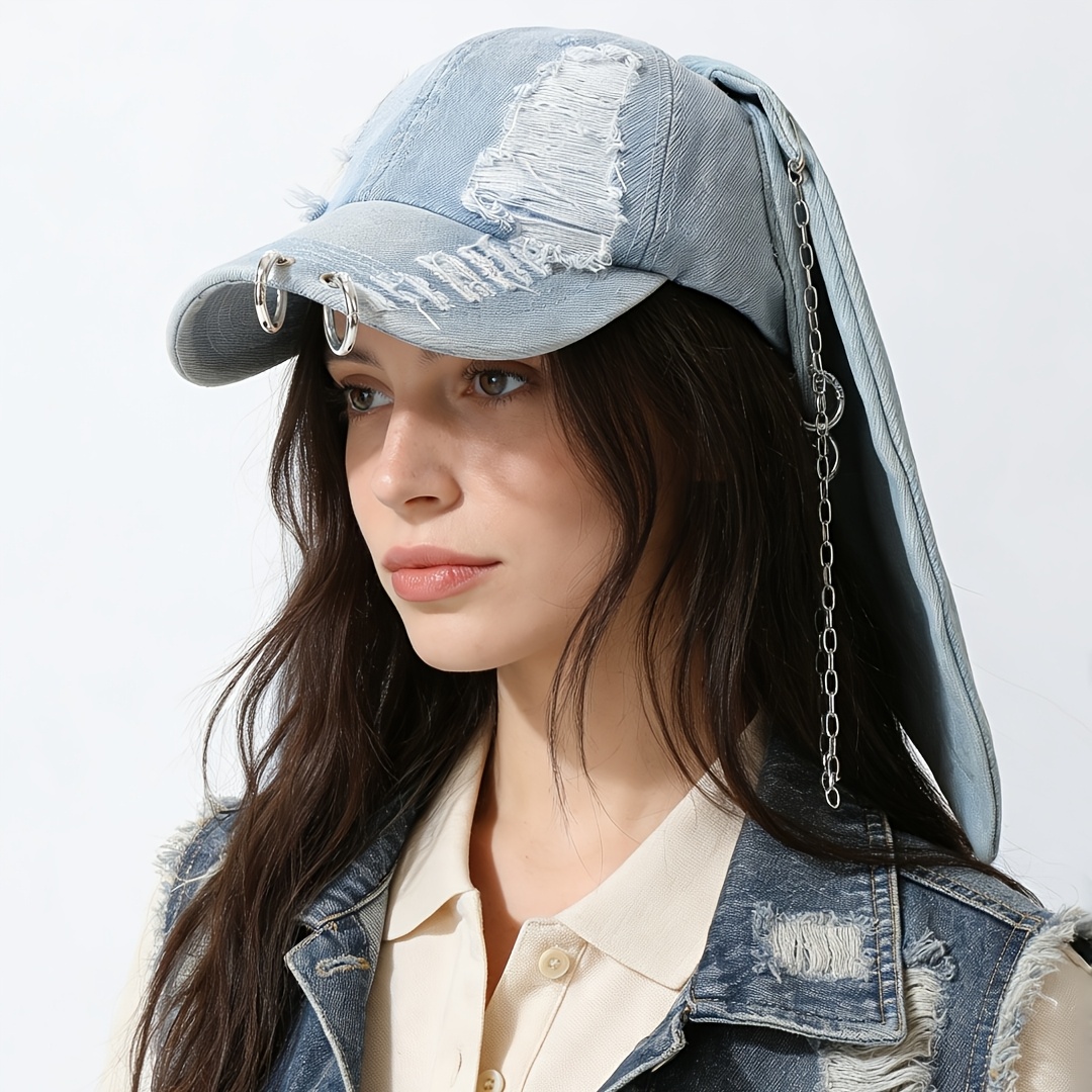 womens y2k distressed denim bunny ear baseball cap chain - Temu