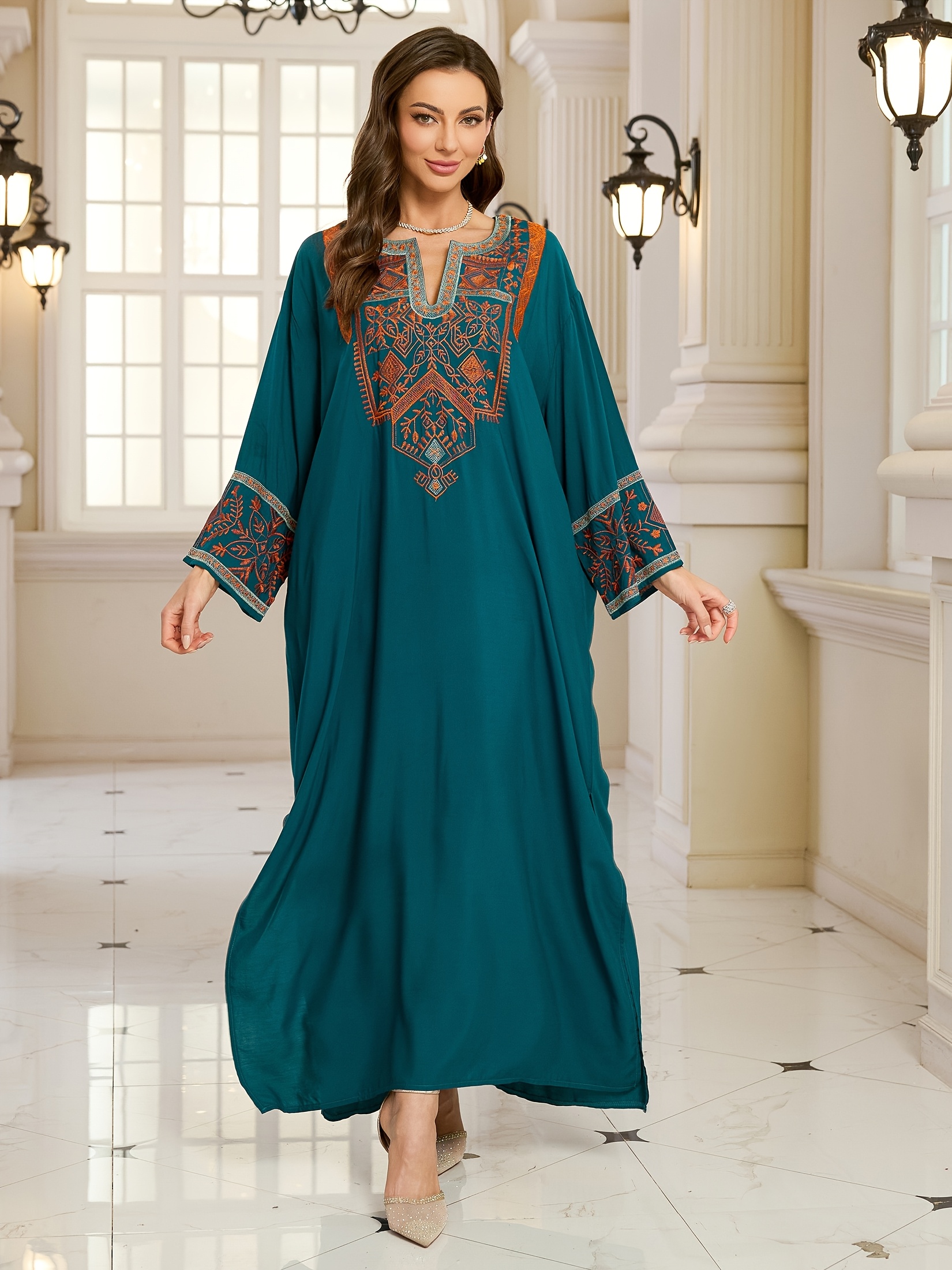 green emerald velvet dress Kaftan Thread Embroidered Maxi Dress XS / 60 Inches