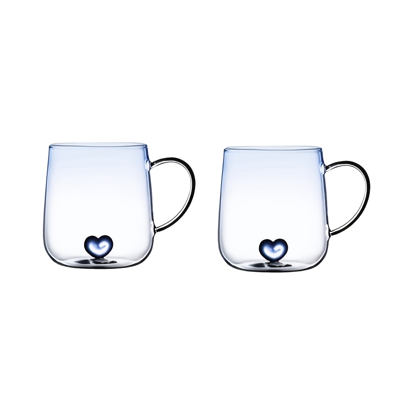 Image of 2pcs Heart Bottom High Borosilicate Glass Single Layer Cup 400ml Gradient Blue Couple And Heat Resistant Glass Cup With Handle Love Milk Juice Water Cup