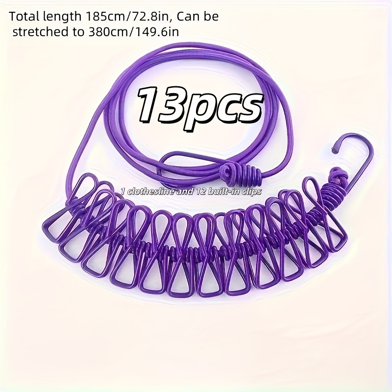 TEMU 13pcs Convenient Elastic Clothesline With Clothespins, Windproof And Retractable Elastic Clothesline, Random Colors Of Clips, Convenient For