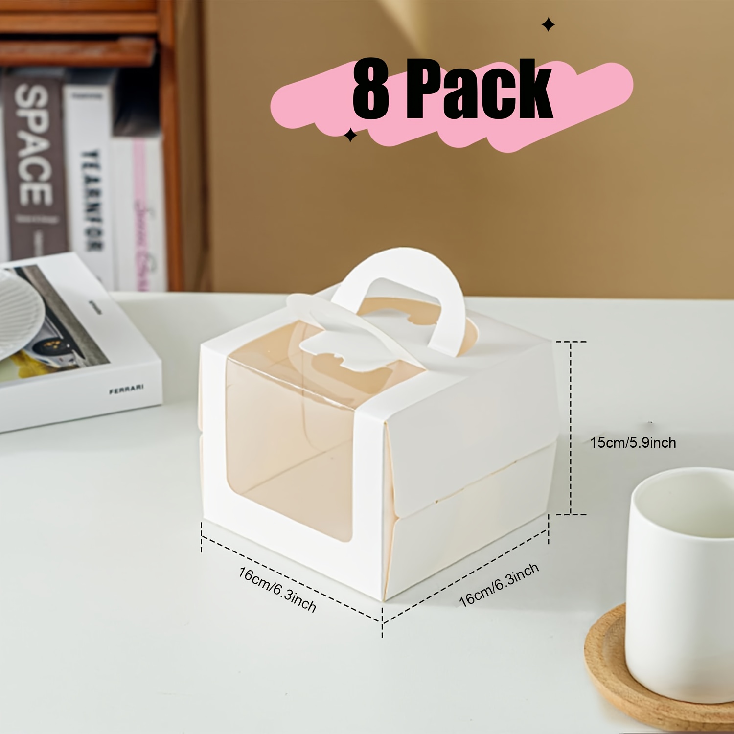 E-shop 8er-Set Elegante weiße Kuchenboxen mit Griffen - Robuste Papierkonstruktion, Klarsichtfensterdeckel für einfache Betrachtung, für Geburtstag,