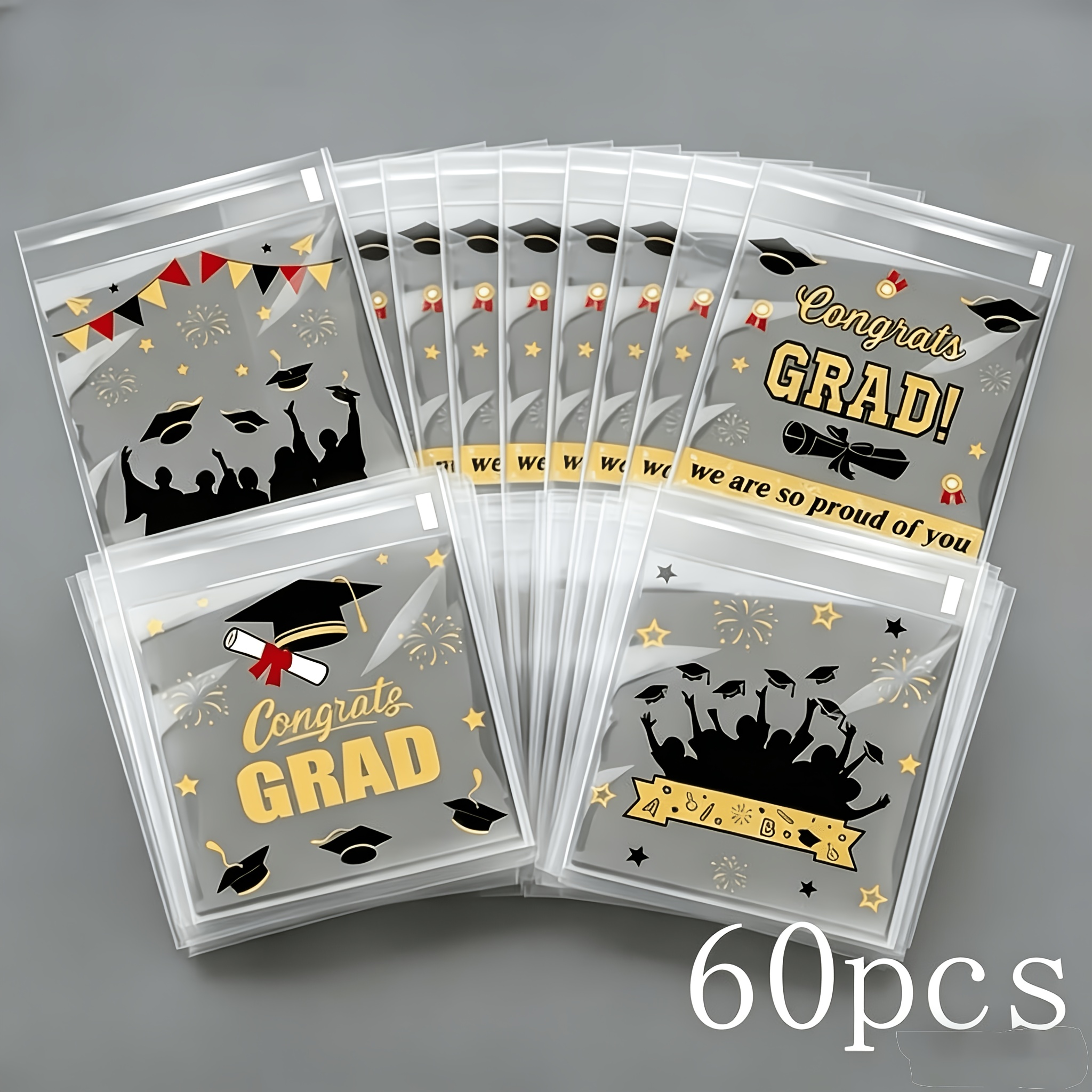 TEMU Gift For Her/him 60pcs Self-adhesive Graduation Gift Bags Suitable For Graduation Parties, Plastic Favor Bags With 4 Styles And Decorations,