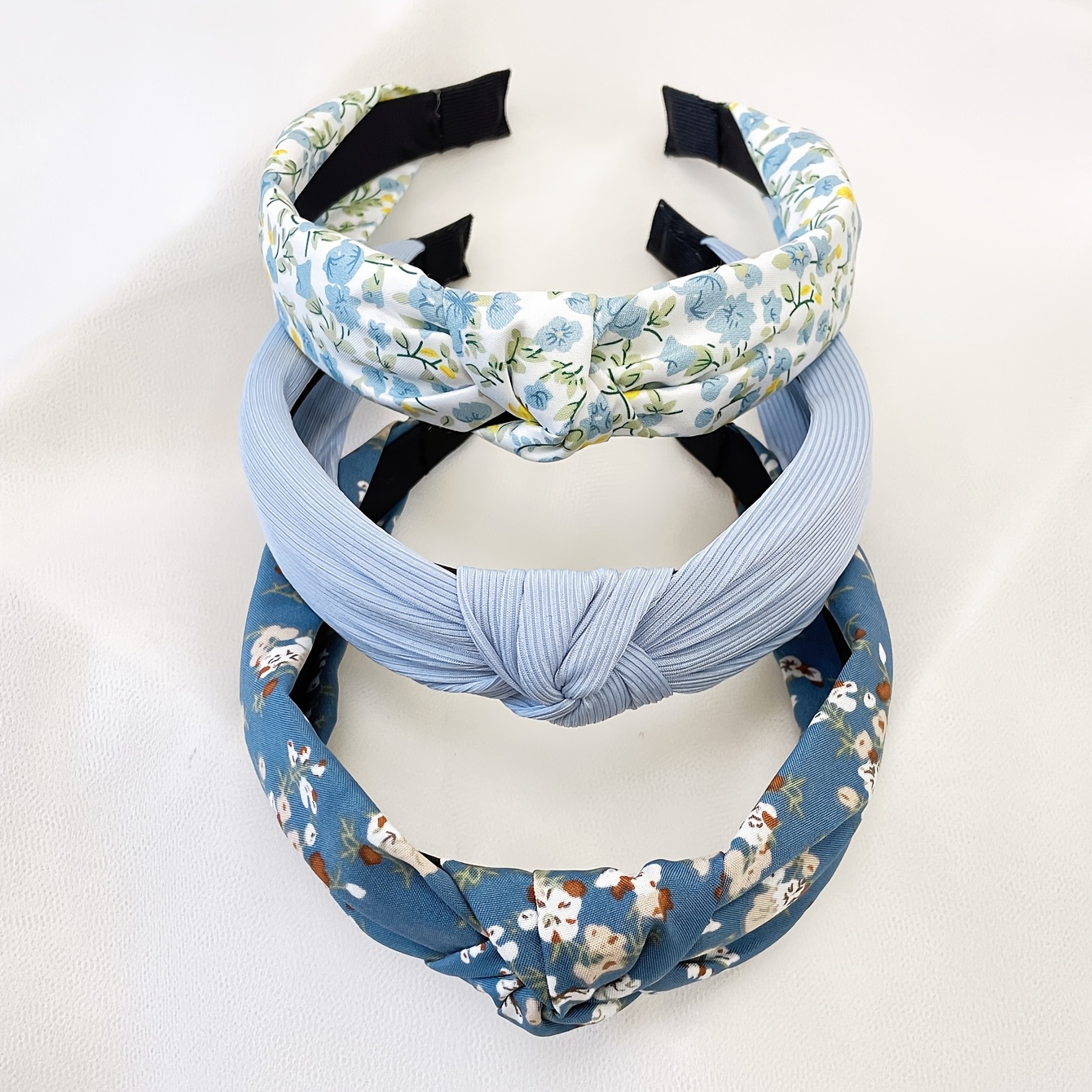 

Ensemble de 3 pièces Bandeau Large en Tissu Unicolore à Fleurs Bleues pour Femmes, Bandeau à Laver, Accessoires pour Cheveux Adaptés à un