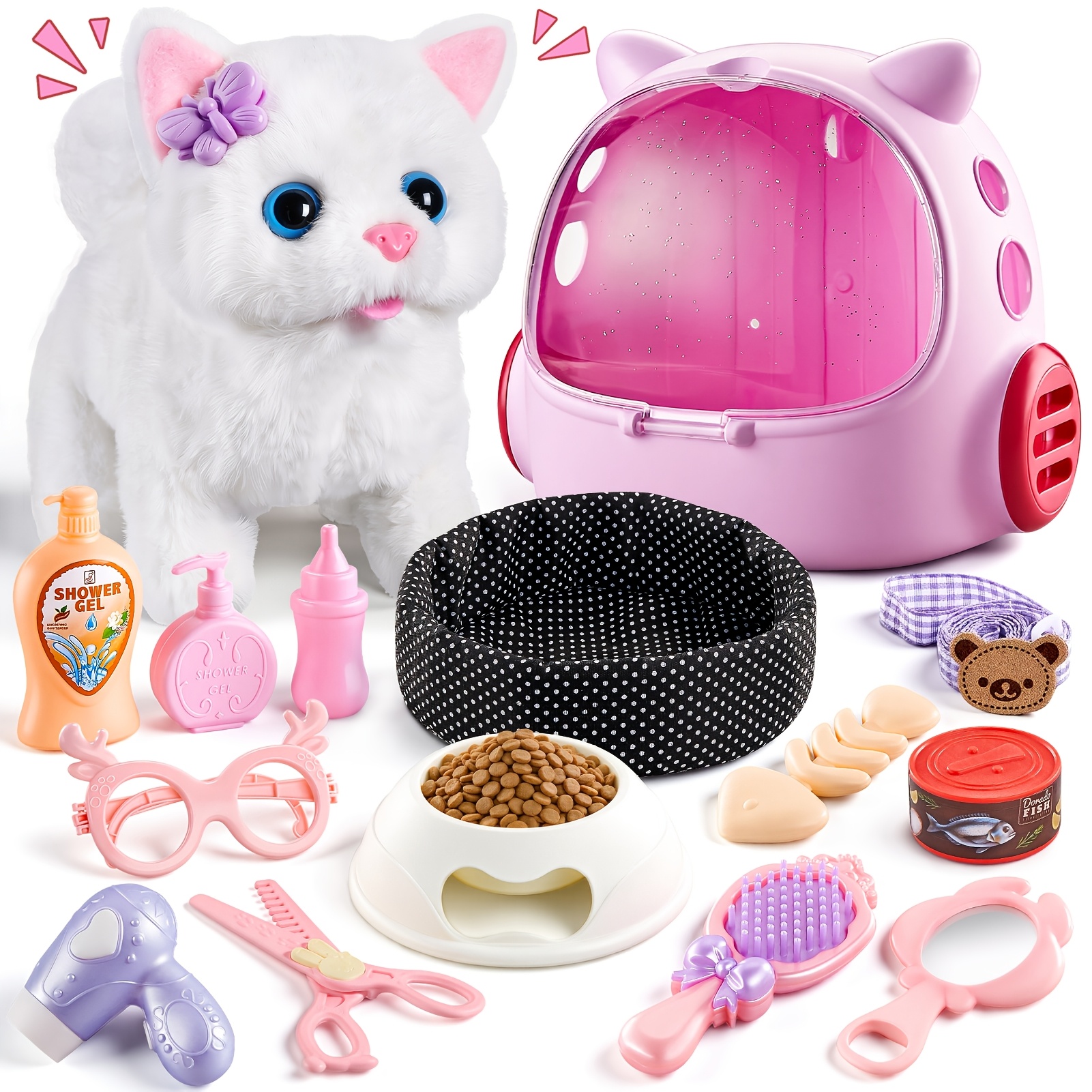 TEMU Jouet Chat d'Apprentissage pour Filles, Set de Soins Interactif avec Marche et Aboiement, Sac de Transport Portable, Toilettage, Jouet de Jeu de