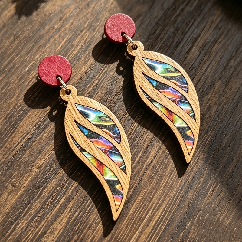 Bohemian Leaf-Shaped Iridescent Printed Wooden Earrings