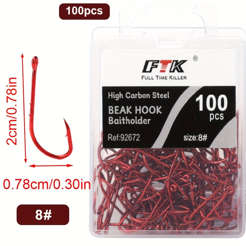 50/100pcs 10 Sizes 1#-4/0# Offset Bait Holder Fishing Hook Shank Beak Bait Holder Hook Offset With 2 Bait Clips Fishing Hook Red