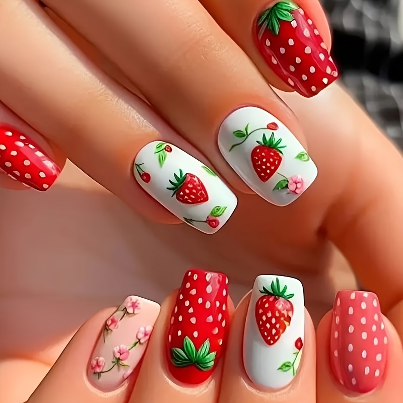 TEMU 24pcs Of Stylish Nail Stickers Featuring Short With Cute Strawberries, Leaves, And Small Flowers, Perfect For . Removable Fake Nails Come With
