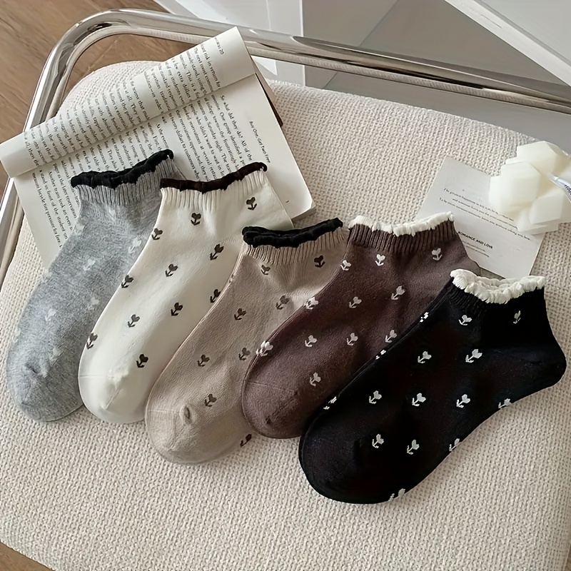 E-shop 5 Paar Damen Retro Blumenmuster Spitzenbesatz Socken - Weiche Pastellfarben (Rosa, Braun, ) - Elegante Alltags- & Formelle Outfits -