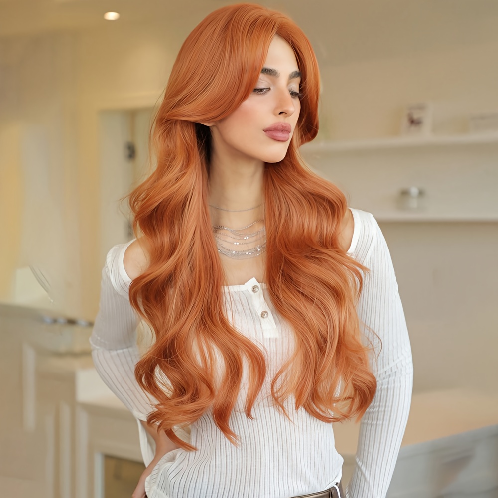 Looking Long Wavy Ginger Wig For Women - Heat-resistant Synthetic /copper Hair With Middle Part, Suitable For Cosplay, Halloween, Daily Use - Multi-ethnic Friendly Wig