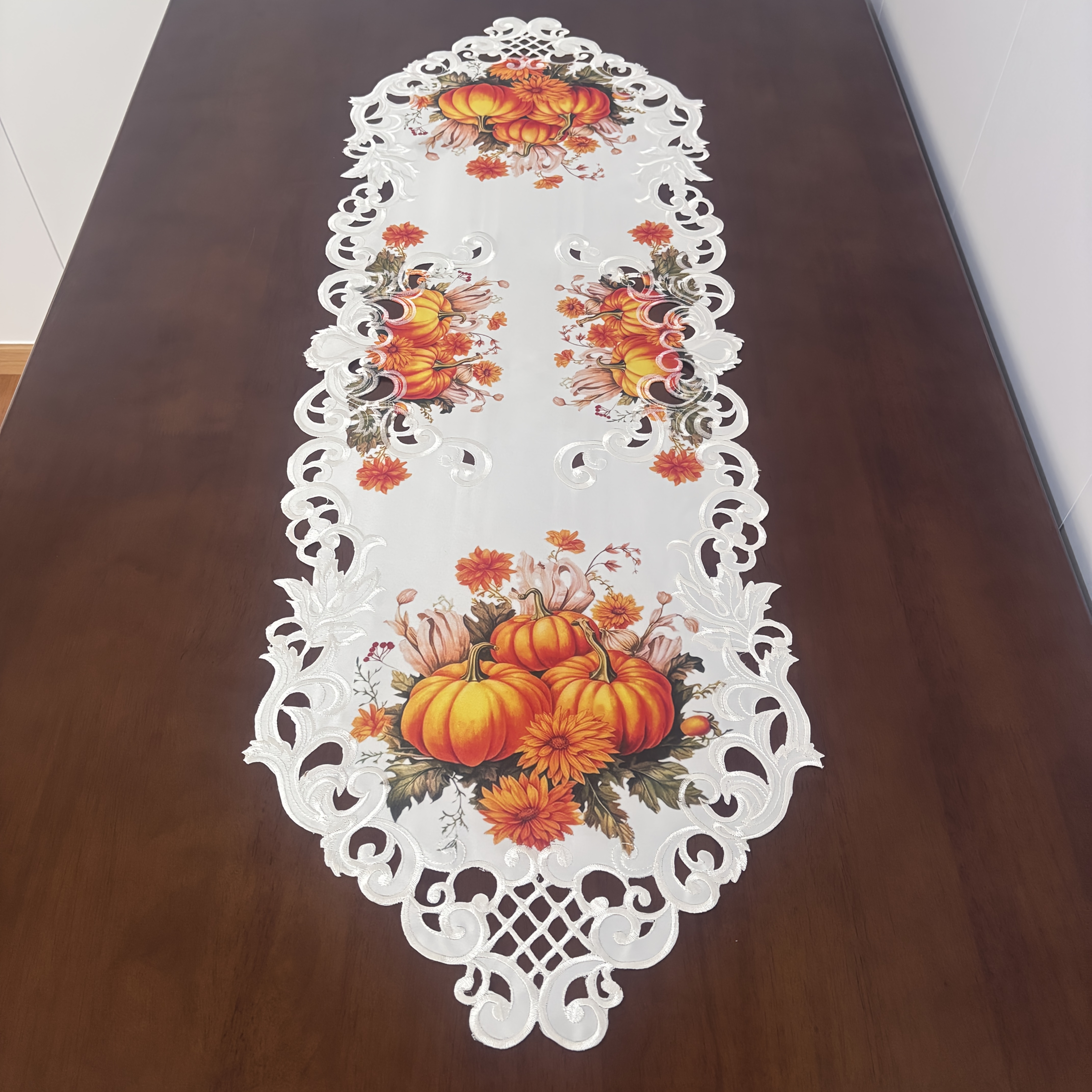 TEMU Thanksgiving Autumn Embroidered Table Runner With Hollow Sunflower And Pumpkin Print Embroidery Suitable For Thanksgiving Dressing Table Scarf