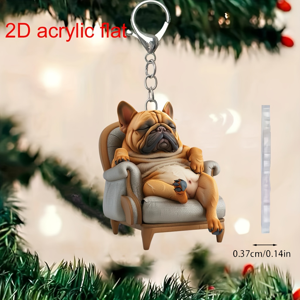 

Festive French Bulldog Keychain: 2d Acrylic Dog Relaxing In Armchair - Perfect For Car, Bag, Or Gift Decorating