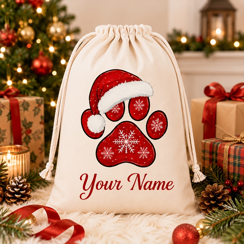 TEMU Personalized Custom Name Christmas Pet Gift Bag, Santa Hat Paw Print Drawstring Bag, Customizable Name Holiday Gift Storage Bag, Suitable For