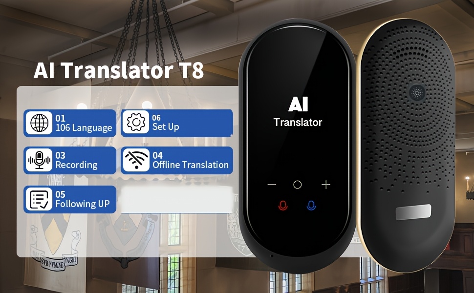 Dirbtinio intelekto vertimo įrenginys su dvipusiu realaus laiko balso vertimu 138 kalbomis, veikimas be interneto su 98% tikslumu 16 kalbomis, 2 colių HD jutiklinis ekranas su Wi-Fi tinklo palaikymu kelionėms, verslui ir mokslams