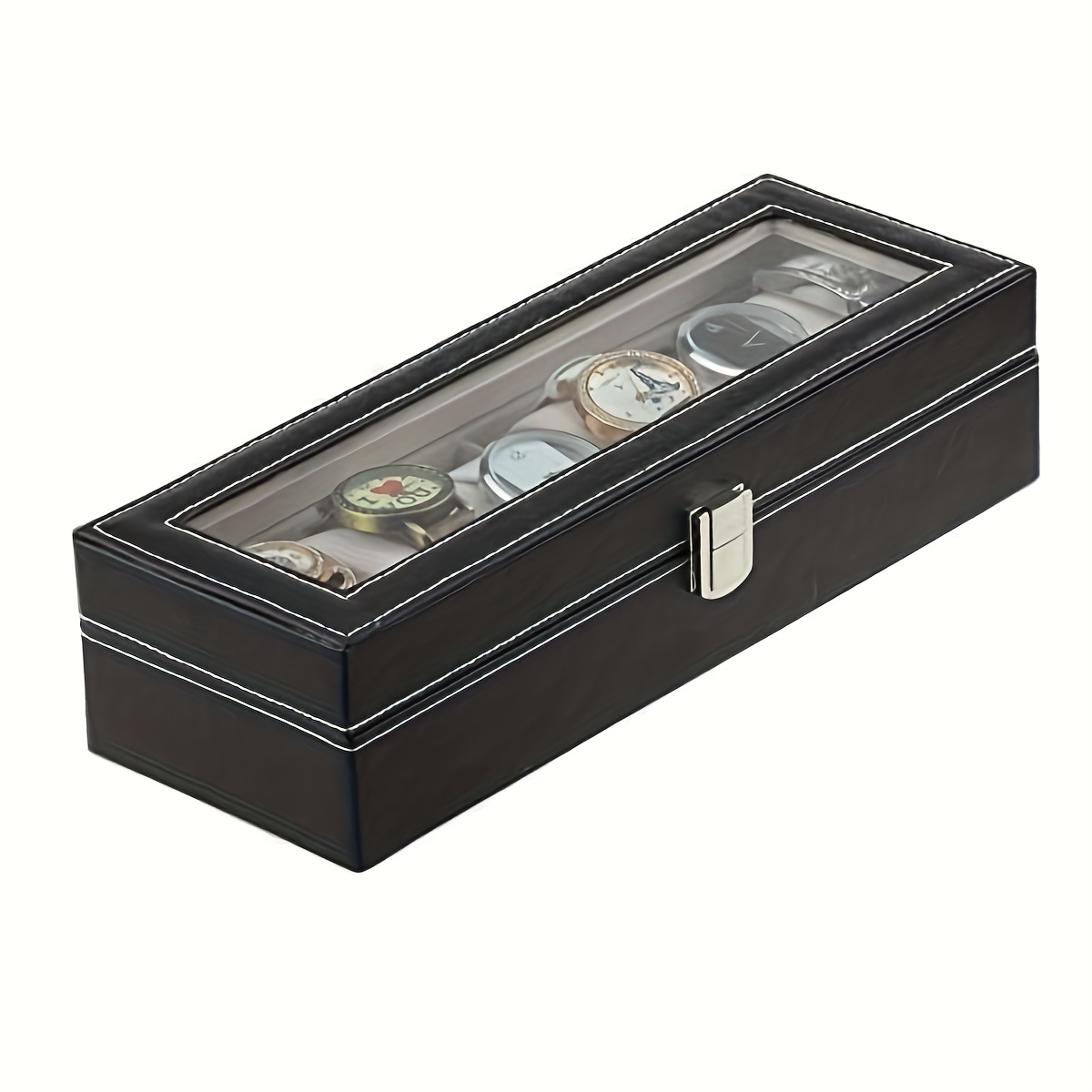 6 slot watch display box storage case with glass lid lockable   organizer cabinet rectangular watch shelf with wood interior for mens womens watch collection for   use Product details 0