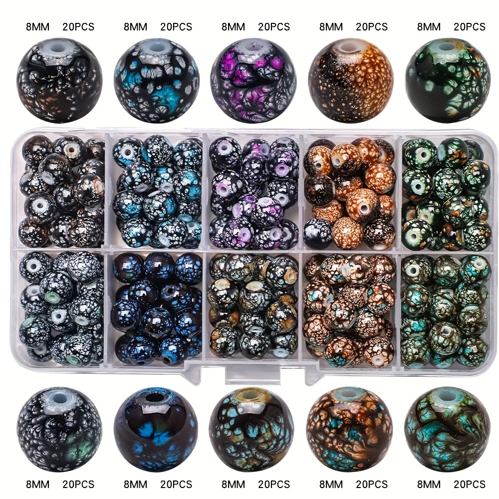 

8mm 200pcs Vintage Glass Round Beads For Making - 10 Grid Box, Bead Stringing, Necklace, Bracelet, Craft Supplies