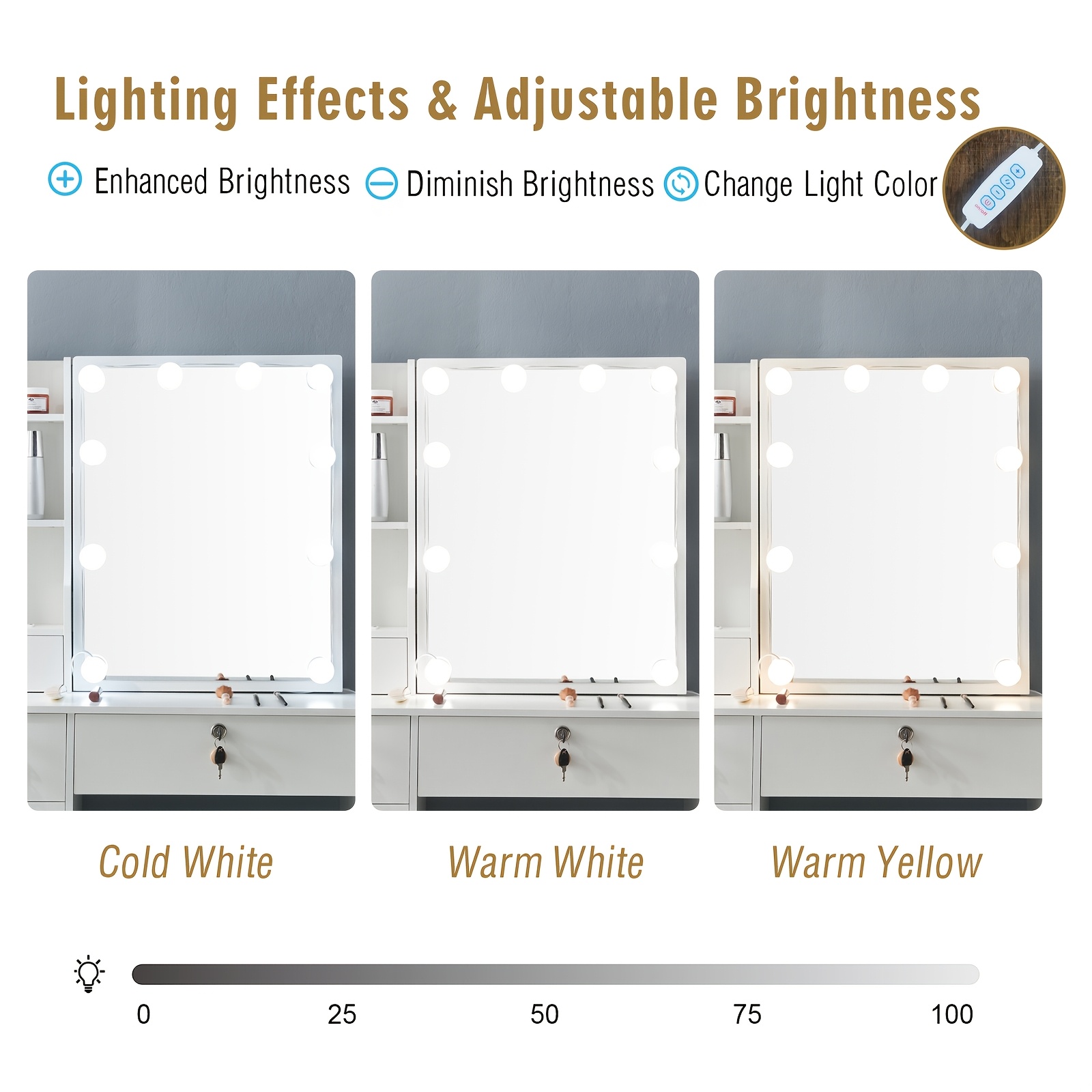 Stylish Lighted Vanity Set with Hollywood Mirror & Ample Storage