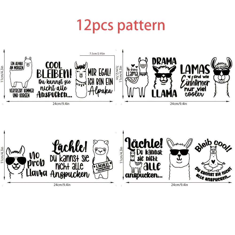 Image of 12pcs German Llama Quote Themed Uv Transfer Stickers | Self-adhesive Plastic Decals For Crafts, Mugs, Laptops & Water Bottles, High-quality Prints, Durable, Single Use, Glossy Cartoon