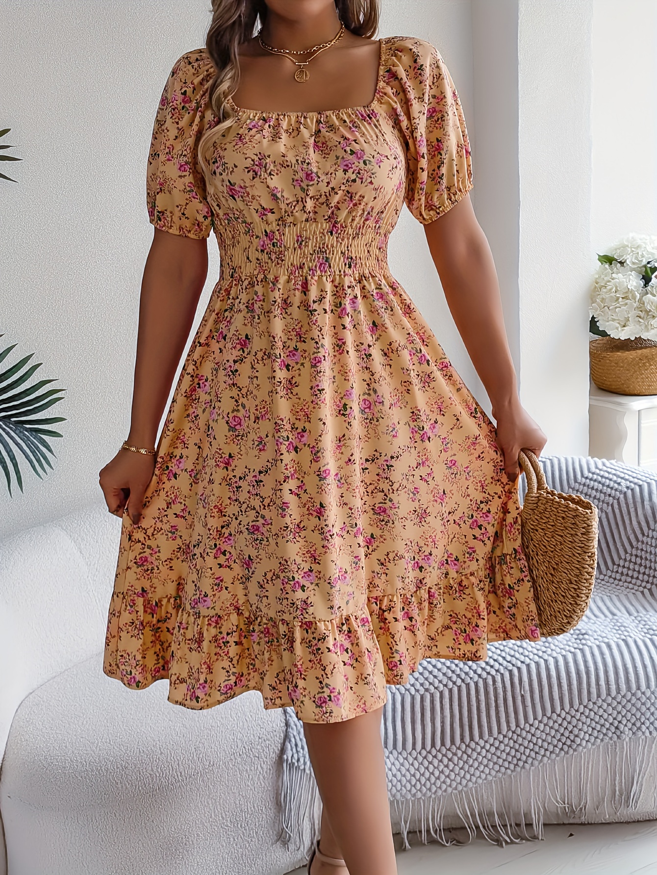 floral print square neck dress vacation style short sleeve ruffle hem dress for spring summer womens clothing yellow 0