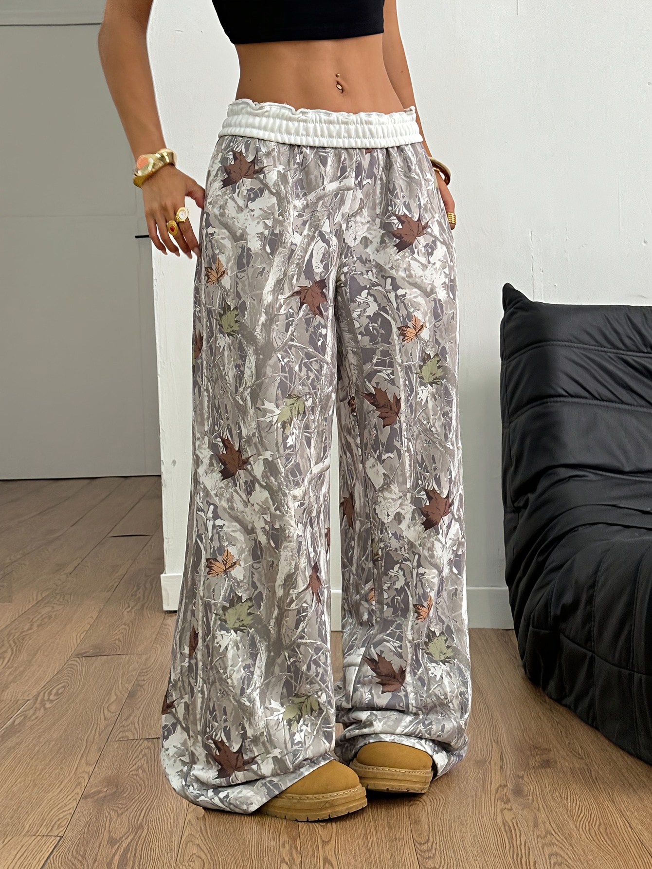 Women's Elegant White Straight-Leg Winter Pants with Branch & Leaf print - Belted Waist, Side Pockets, Machine-Washable Trousers for Fall/Winter Daily Wear, Office & Casual Outfits