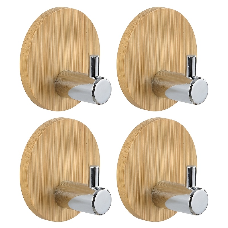 Image of 4pcs No-drill Adhesive Hooks | Stainless Steel, Non-slip And Rust-resistant, With Unique Wooden Base For Hanging Towels And Robes In Bathrooms, Kitchens, Living Rooms, And Offices, Utility Hooks