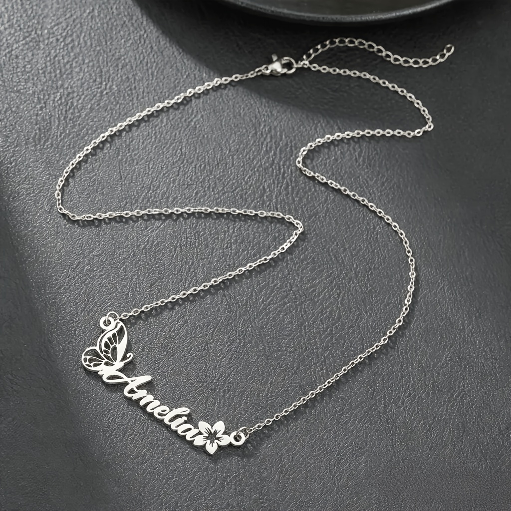 TEMU Personalized Custom Elegant And Minimalist 304 Stainless Steel Women's Fashion Flower And Pendant Necklace. Custom Engraving Available For