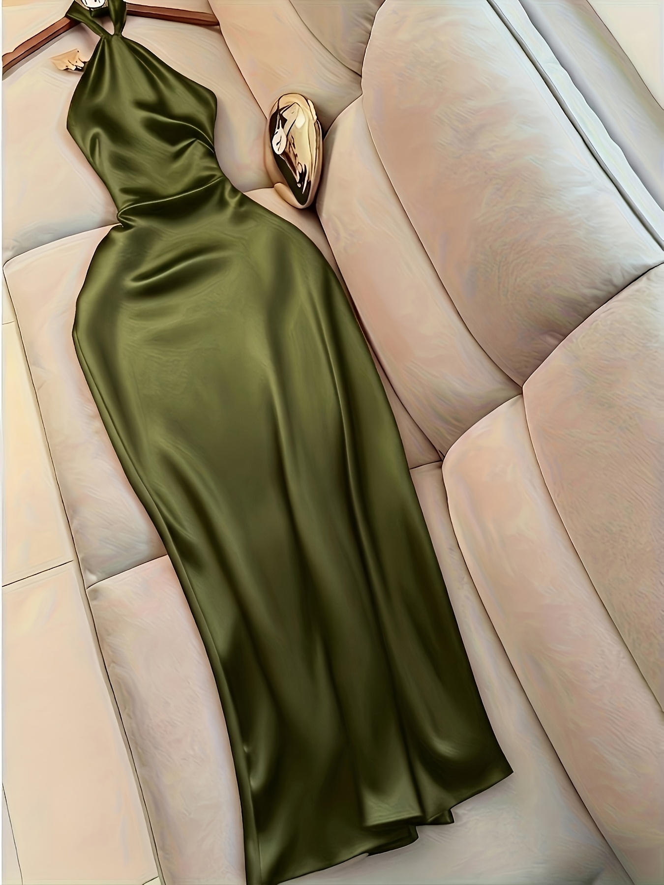 strapless open back dress Olive Green Satin Dress Formal Dress Sheath/Column Off The Shoulder Mi main image 0