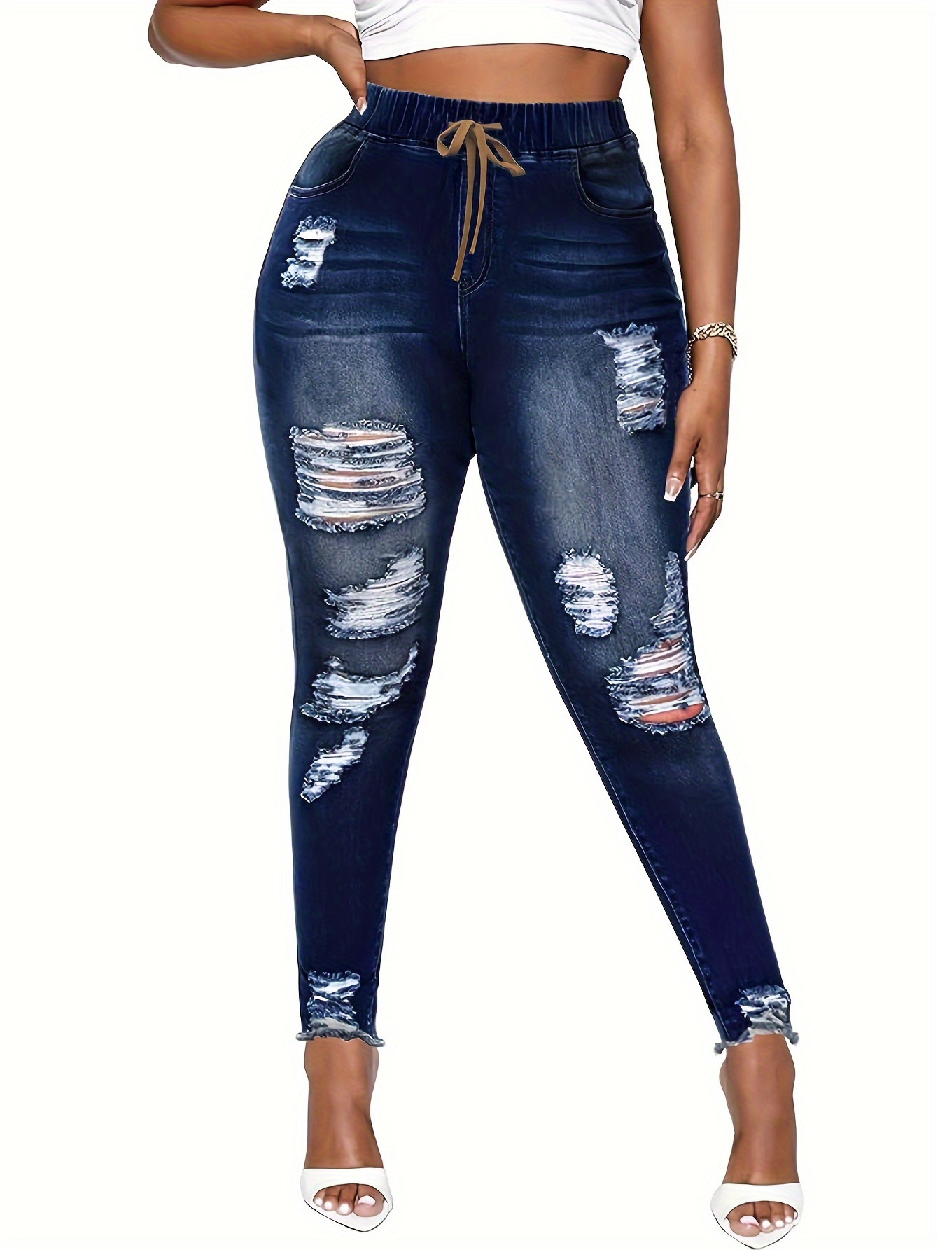 Plus Size Sexy Jeans Women's Plus Solid Button High - Temu