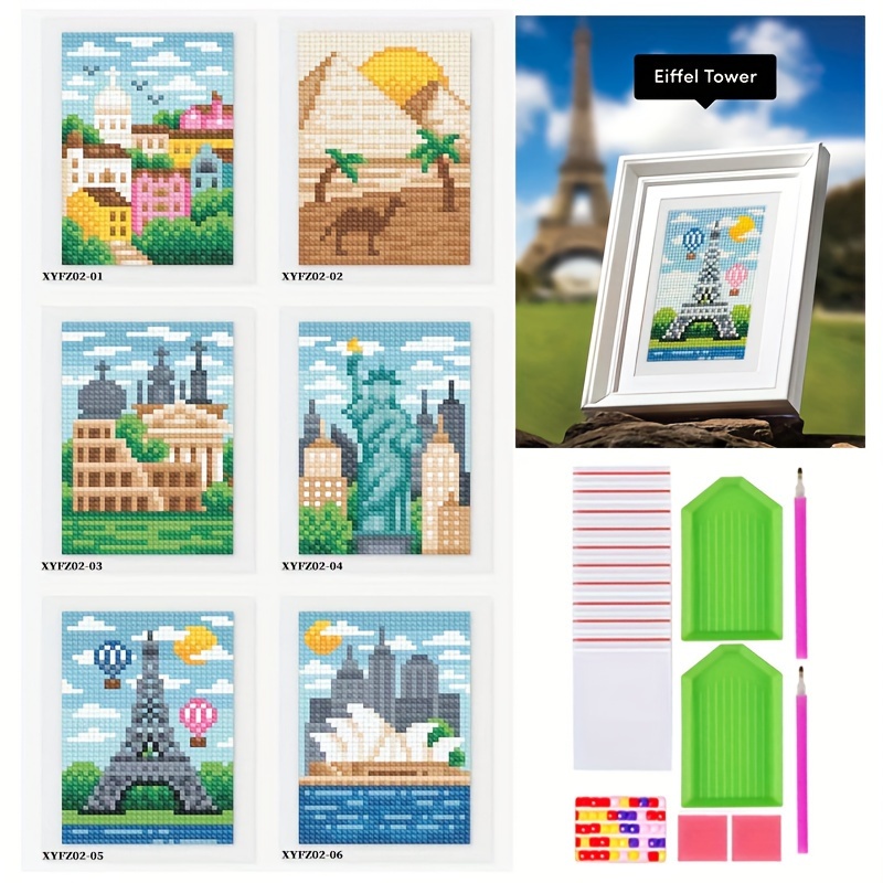 

6-pack Diamond Painting Kits - Famous World Landmarks 5d Diy Mini Canvas Art Sets, Landscape Theme With Square Diamonds, 13x16 Cm, Gift Box Packaging