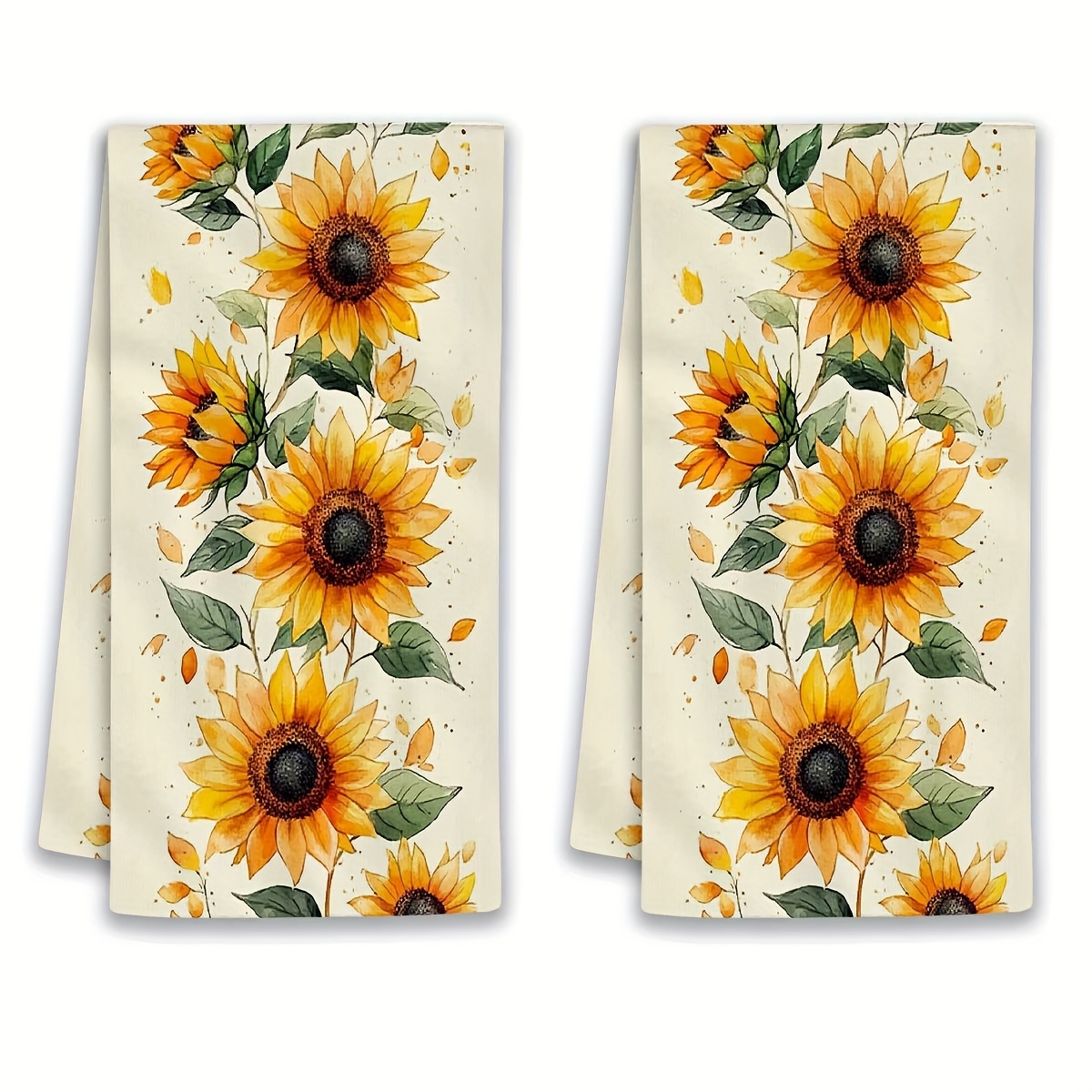 TEMU 2pcs, Kitchen Towels, Sunflower Flowers With Green Leaves Towels, Comfortable Decorative Towels, Suitable For Holiday Decoration Cooking Towels,