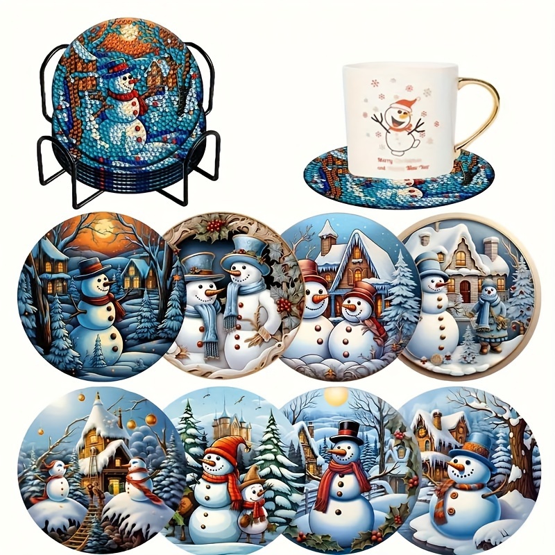 

Snowman Diamond Painting Coaster Set With Holder - 8 Piece Round Diamond Art Kit For Beginners, Diy Craft Kits With Christmas Snowman &