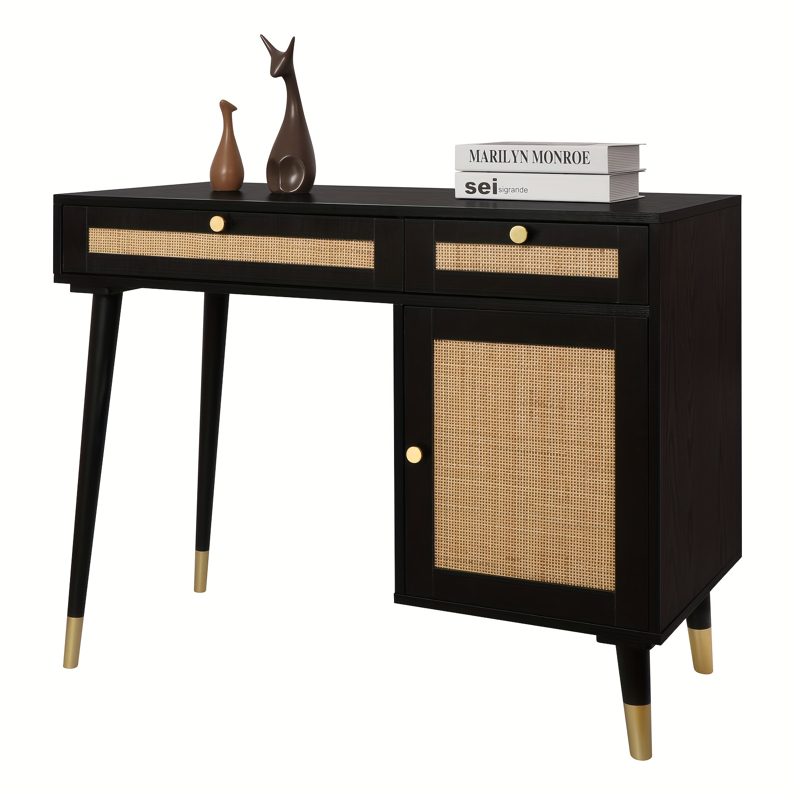 Yvsevnr Rattan Vanity Desk WithDrawers and Storage, Black Make up Vanity Table Modern Home Office Desk Computer Desk for Bedroom Study D0005