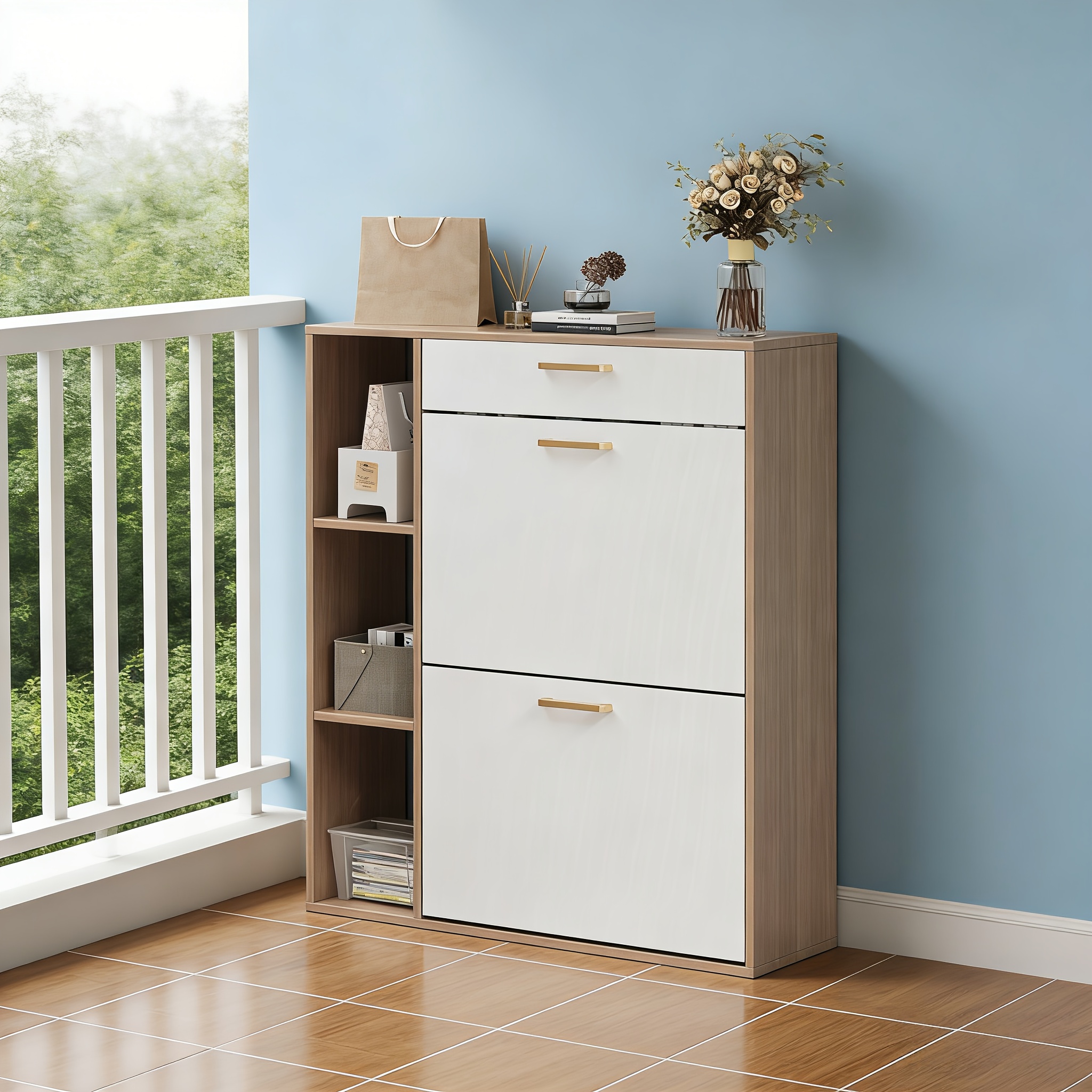 Image of White Wooden Shoe Storage Unit Featuring 2 Flip Drawers For Organizing Footwear, Ideal For And Living Rooms