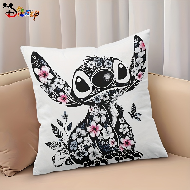 

1pc Disney Stitch Floral Illustration Polyester Pillowcase - Soft, Breathable & Machine Washable With Zipper Closure - & For Sofa And Bedroom Decor, 18x18 Inches, No Insert, Disney Stitch Room Decor