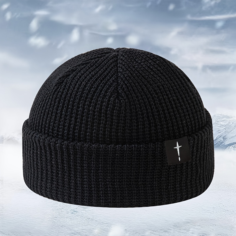 E-shop Modischer Fedora-Hut mit Kreuz-Applikation, randlose -Hip-Hop-Beanie, kurze gestrickte Party- Feiertagsmütze, warme Unisex-Wintermütze