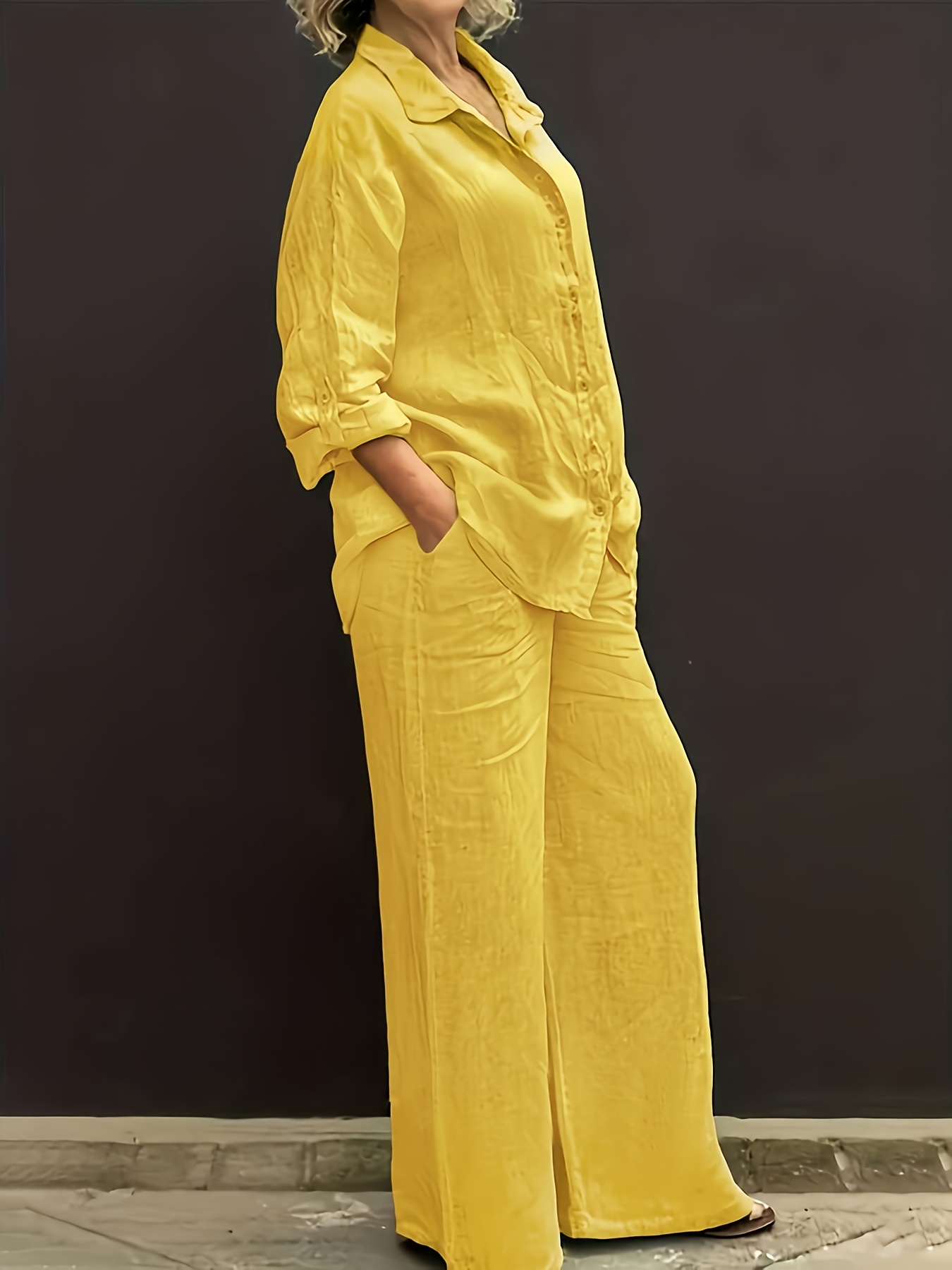 casual collar cardigan and wide leg pants set elegant versatile   fit solid   shirt top with soft fabric for comfortable beach vacation     loose waist trousers two piece outfit