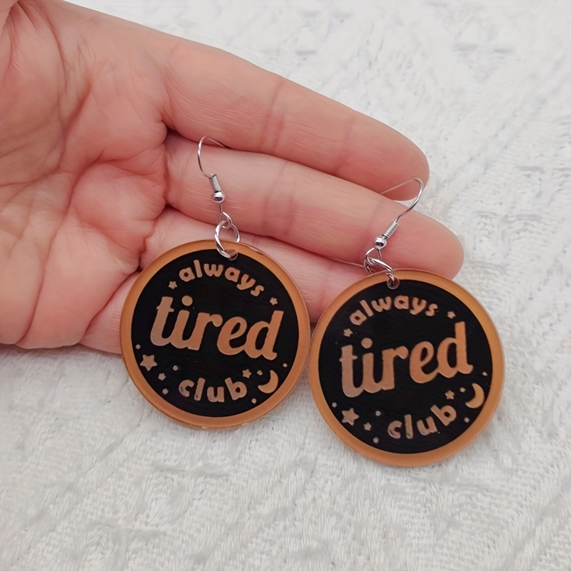 TEMU 1 Pair Of Acrylic Creative Funny " Tired Club" Letter Earrings, Women's Earrings, For Gifts